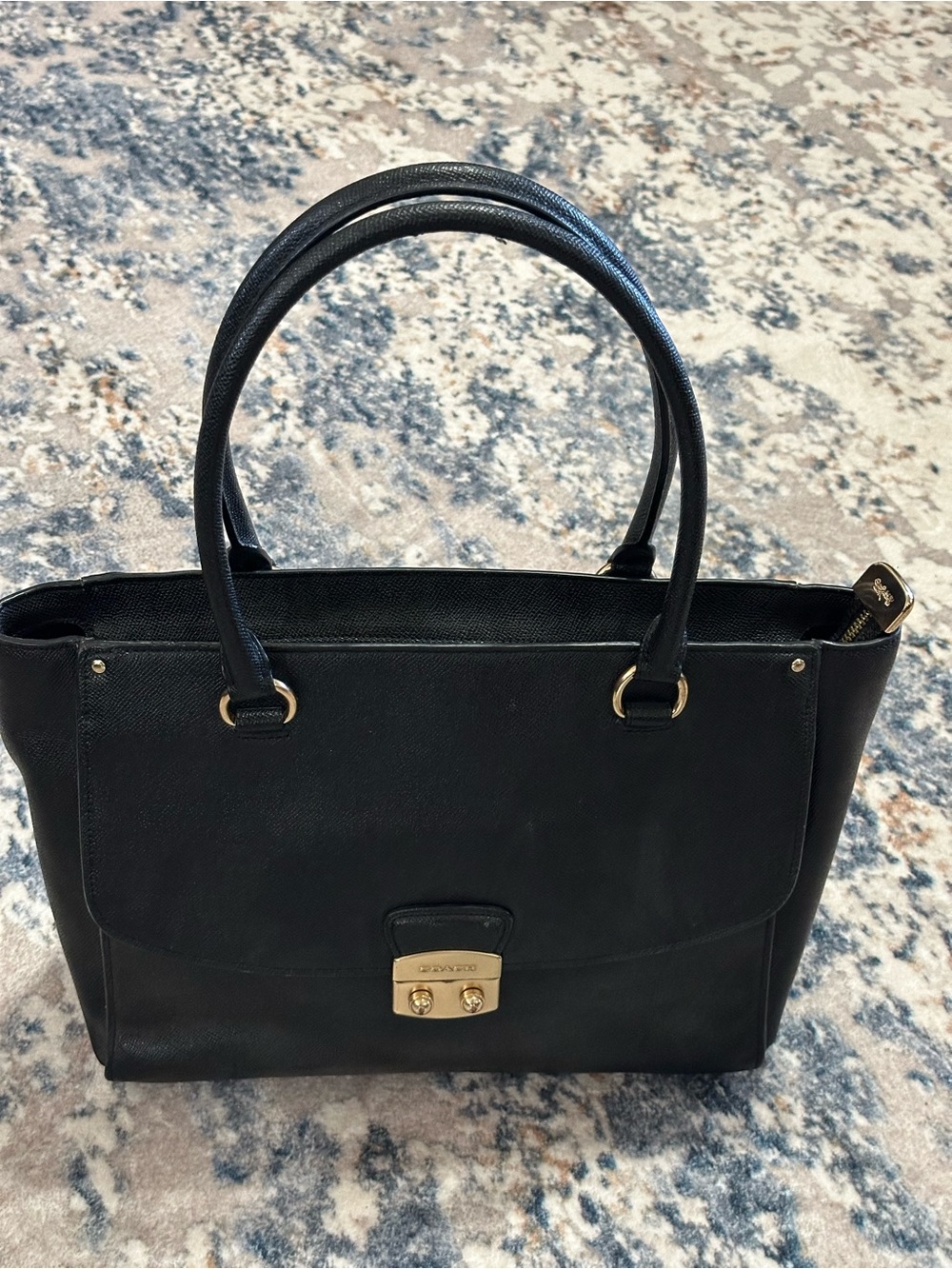 Black Coach Leather Top-Handle Tote Bag with Gold Hardware